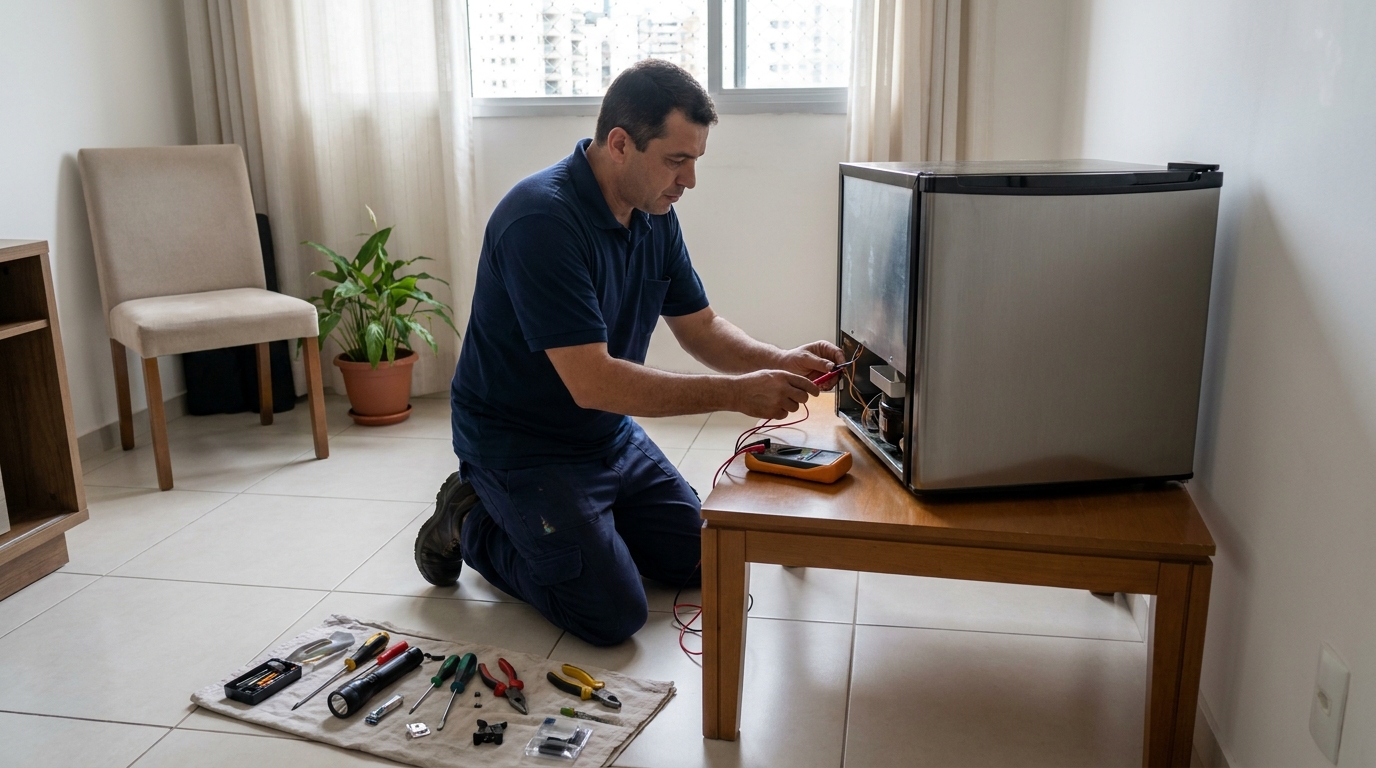 Técnico realizando manutenção de motor de frigobar no Boqueirão, Santos‑SP