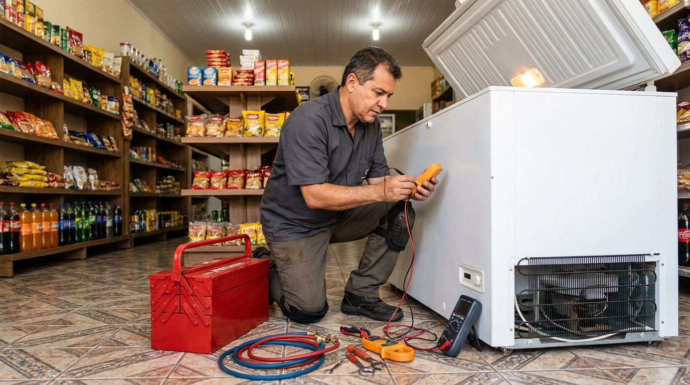 Recarga de gás refrigerante em freezer em atendimento na Aparecida, Santos‑SP