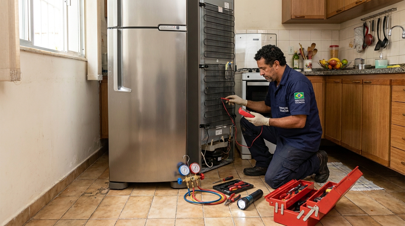 Técnico de conserto de geladeira em residência em Santos‑SP