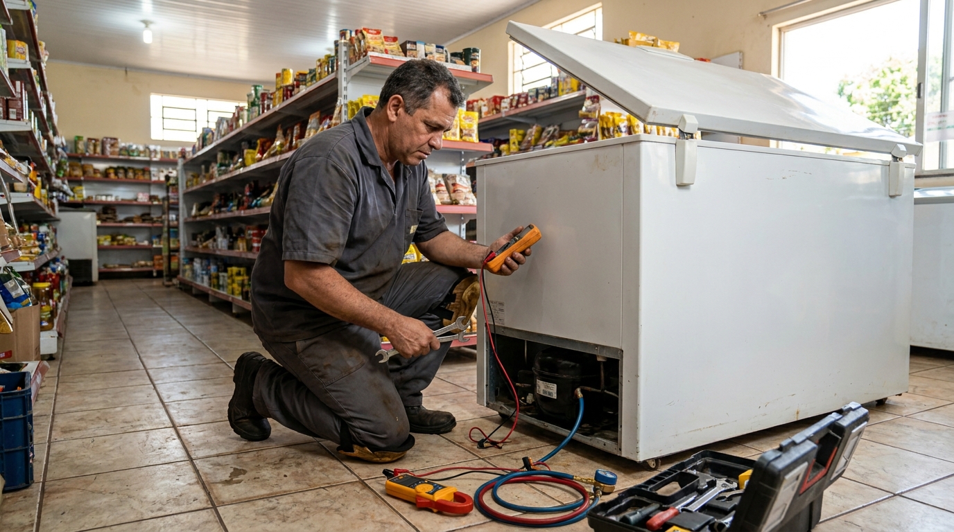 Troca de termostato de freezer em atendimento técnico na Aparecida, Santos‑SP